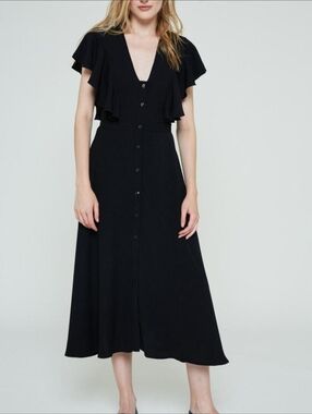Black Button-Front Flutter Sleeve Midi Dress